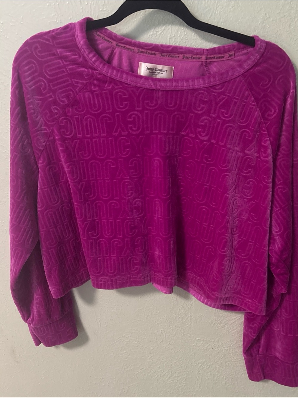 Juicy Couture Hot Pink Velvet Embossed Cropped Sweatshirt